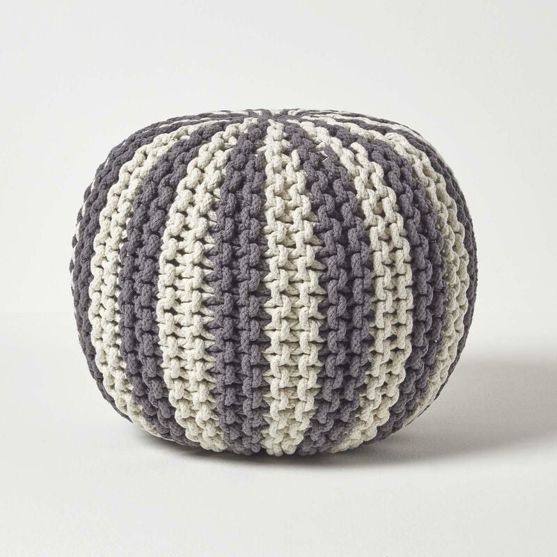 Pouf tressé rond gris et blanc, 35 x 40 cm - Homescapes