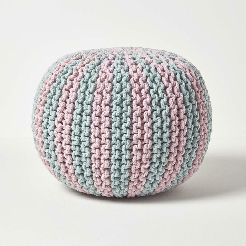 Pouf tressé rond bleu et rose, 35 x 40 cm - Homescapes