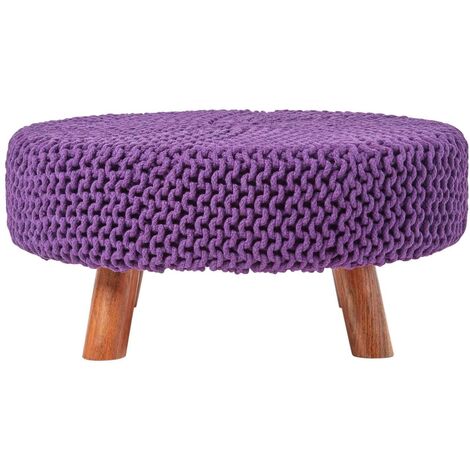 HOMESCAPES Purple Large Round Cotton Knitted Footstool on Legs