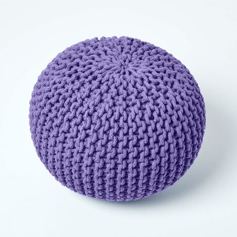 HOMESCAPES Purple Round Cotton Knitted Pouffe Footstool