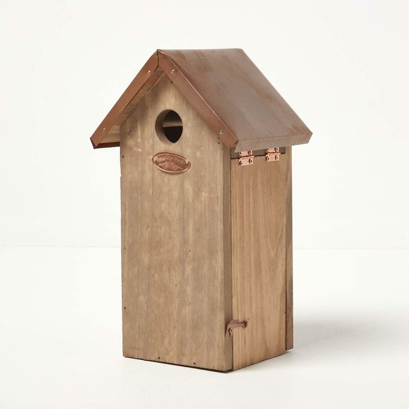 Real Wood Great Tit Bird Box House with Copper Roof - Brown - Homescapes