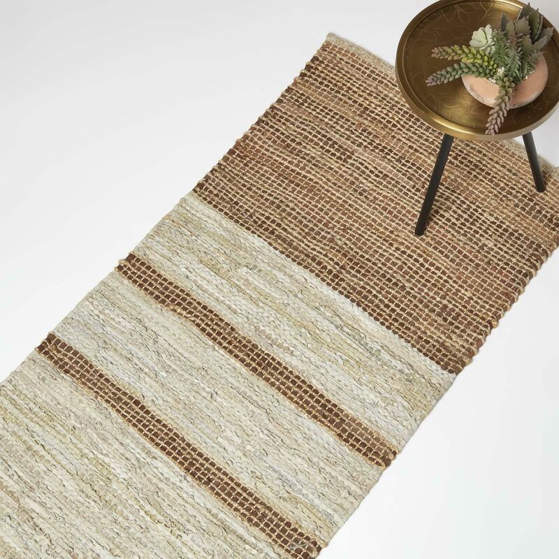 Homescapes - Brown Recycled Leather Handwoven Stripe Rug, 66 x 200 cm
