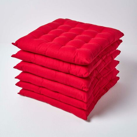 HOMESCAPES Red Plain Seat Pad with Button Straps 100% Cotton 40 x 40 cm, Set of 6