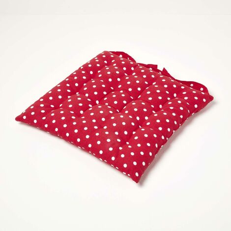 HOMESCAPES Red Polka Dot Seat Pad with Button Straps 100% Cotton 40 x 40 cm