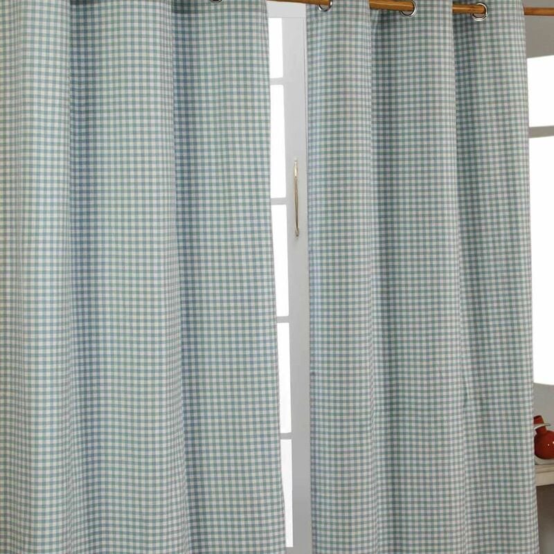 Homescapes - Rideaux Vichy Bleu à œillets 100% coton 137 x 228 cm