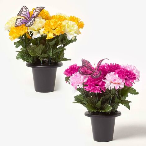 HOMESCAPES Set of 2 Yellow & Pink Carnation Artificial Flowers with Butterfly Decoration in Grave Vases