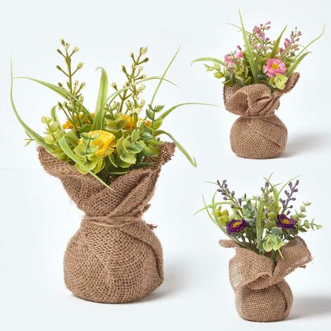HOMESCAPES Set of 3 Pink, Purple & Yellow Artificial Daisies in Rustic Burlap Pots