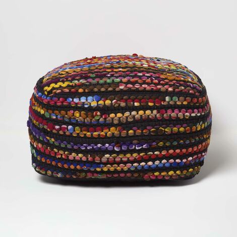 HOMESCAPES Sitzpouf Folk schwarz-bunt gestreift – quadratisch, 60x30 cm