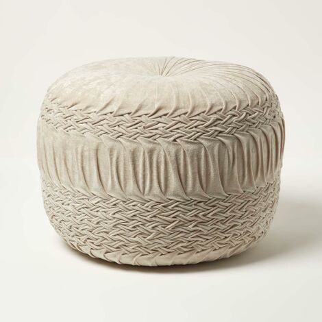 HOMESCAPES Sofia Pleated Velvet Cream Pouffe