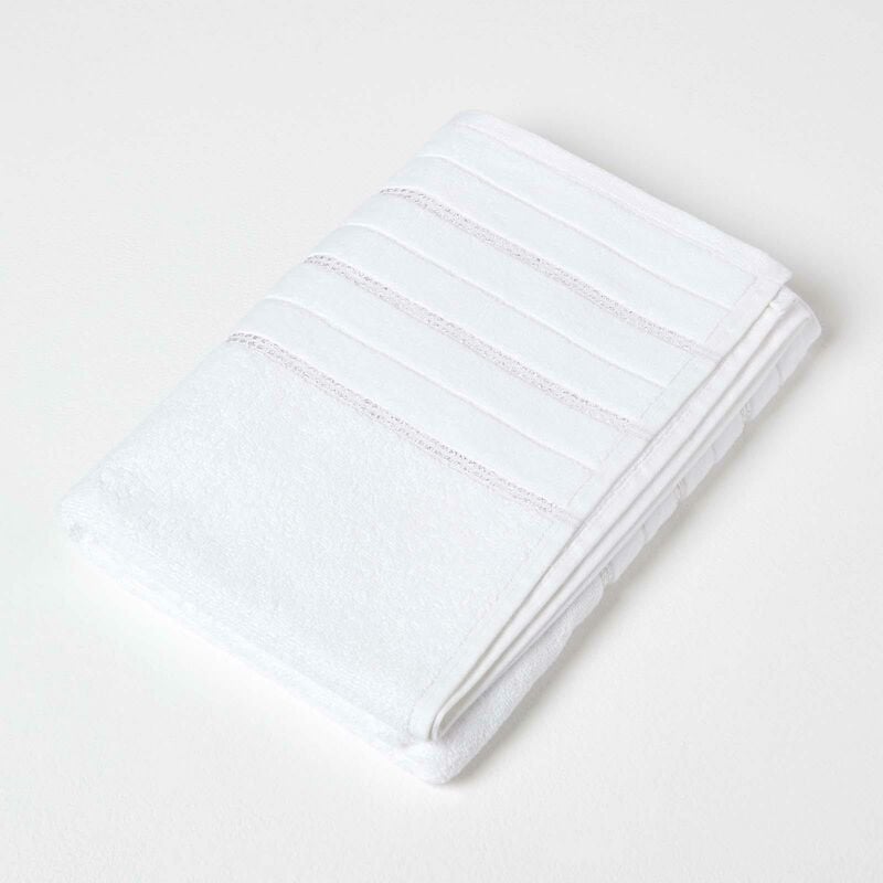 White Sparkle Border 100% Cotton Bath Towel - White - Homescapes