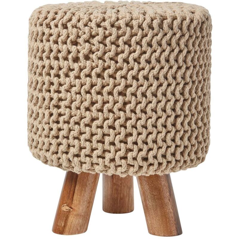 HOMESCAPES Pouf tressé en tricot et pieds en bois - Beige