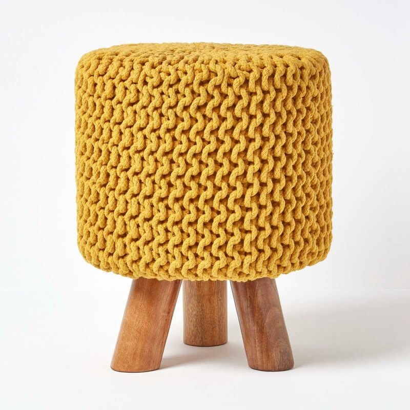 Tabouret Tricot Pieds en bois 32 x 32 x 42 cm Moutarde - Homescapes