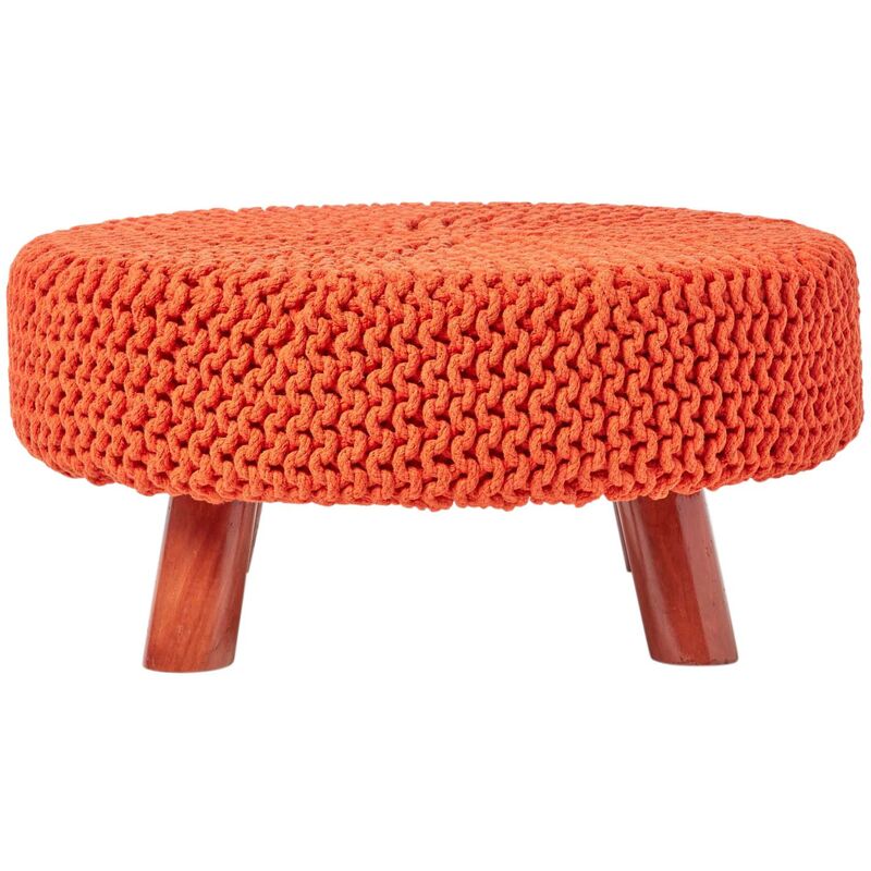 Homescapes - Grand Pouf tressé en tricot et pieds en bois - Orange Homescapes - Grand Pouf tressé en tricot et pieds en bois - Orange
