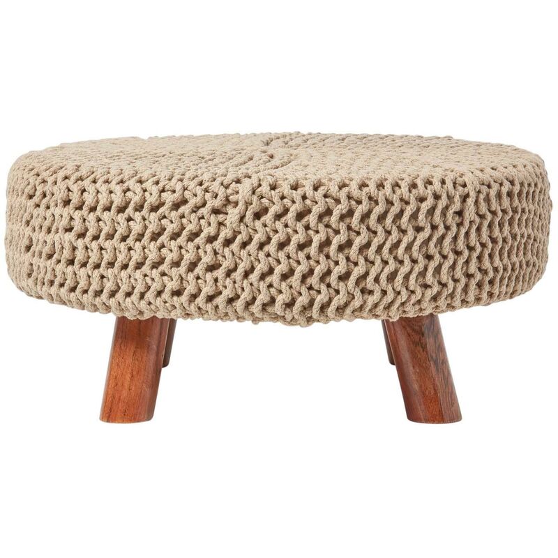 Grand Pouf tressé en tricot et pieds en bois - Beige - Homescapes