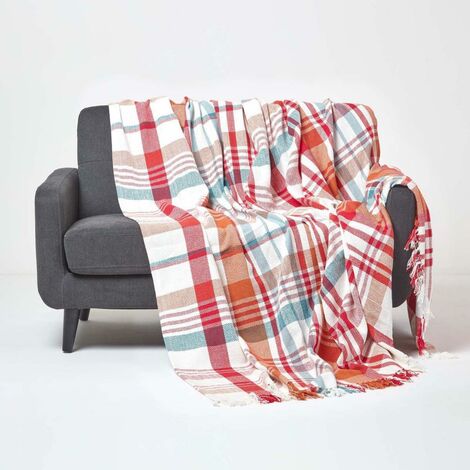 HOMESCAPES Tagesdecke Falun mit Tartanmuster und Fransen, rot, 225 x 255 cm