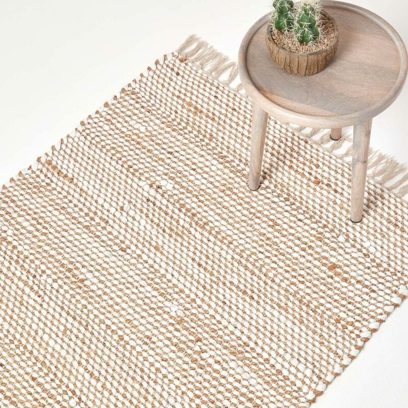 Tapis Chindi en chanvre à motif chevron naturel et blanc - Horizon - 90 x 150 cm - Homescapes