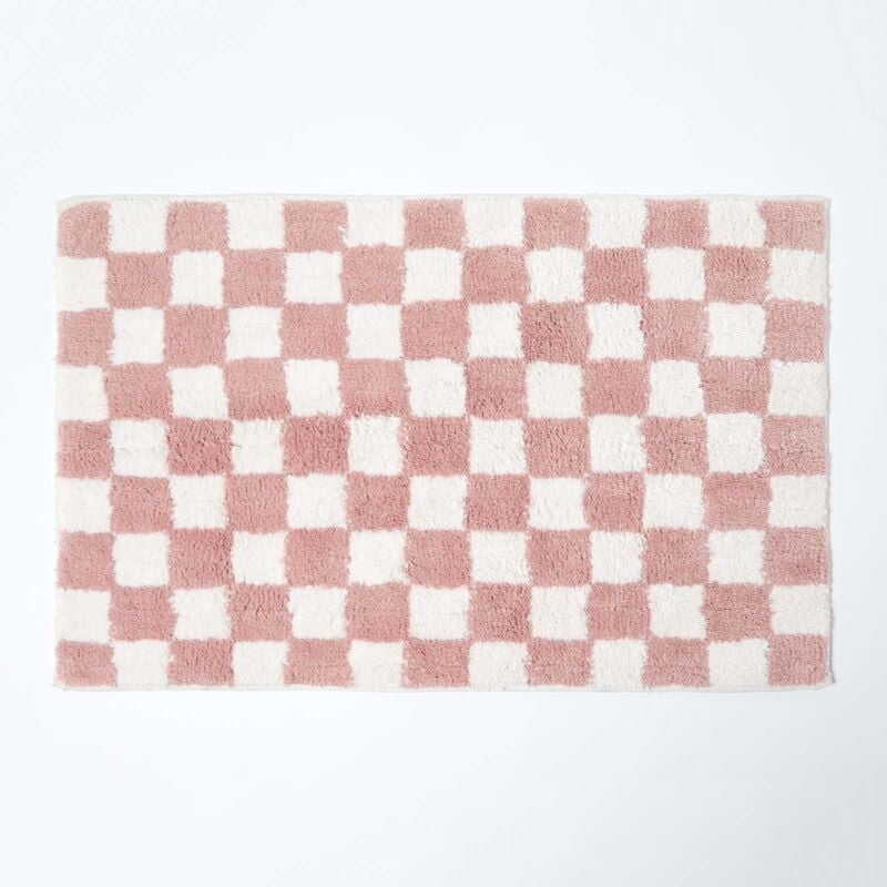 Tapis de bain à carreaux antidérapant en 100% coton Rose, 50 x 80 cm - Homescapes