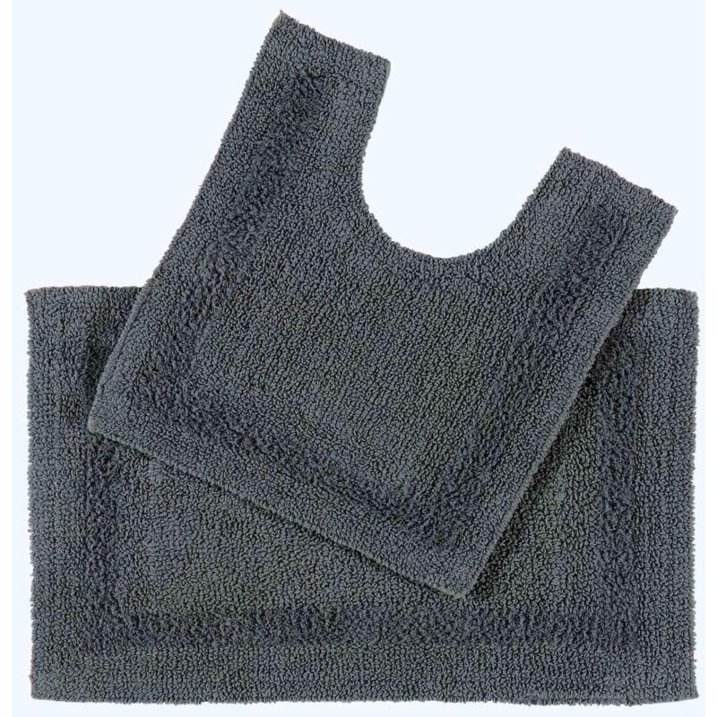 Homescapes Luxury Bath Mat Set Reversible 1600GSM 100% Cotton 2 Pc w. Pedestal Mat in Grey