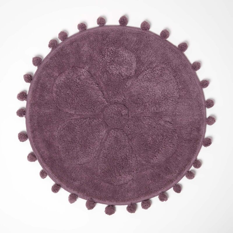 Homescapes Floral Bath Mat 100% Cotton with Pom Pom Edges in Pink