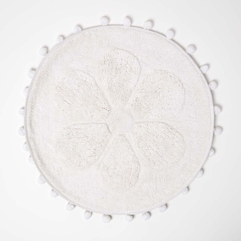 Homescapes Floral Bath Mat 100% Cotton with Pom Pom Edges in White