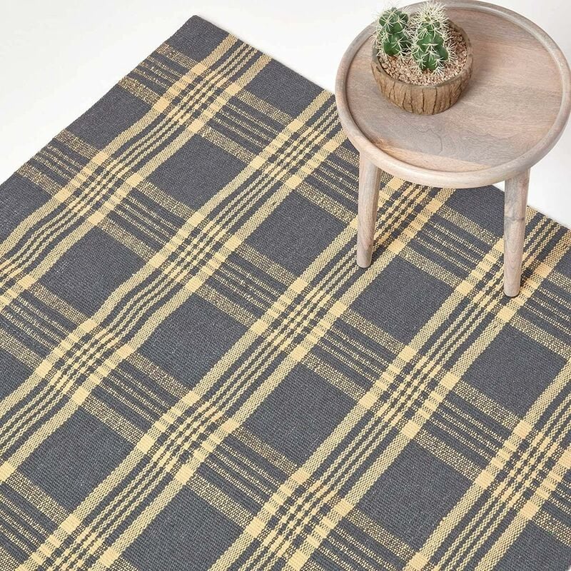 Tapis en laine à imprimé Tartan jaune et gris - Douglas - 120 x 170 cm - Homescapes