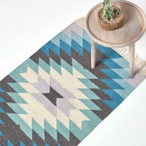 HOMESCAPES Tapis Kilim en laine à motif géométrique bleu - Helsinki - 66 x 200 cm