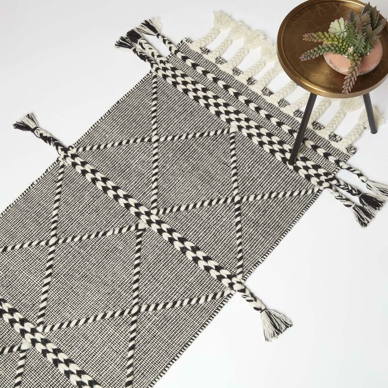 Homescapes - Tapis de couloir Kilim en laine noir et blanc Edessa, 66 x 200 cm