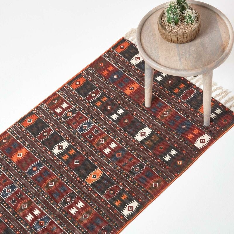 Homescapes - Tapis Kilim imprimé Terracotta, Noir et Marron 66 x 200 cm