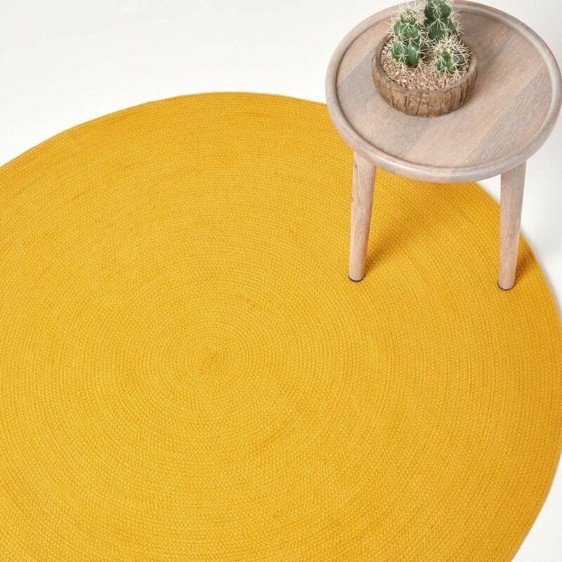 Tapis rond tissé à plat en coton Jaune Moutarde, 150 cm - Homescapes