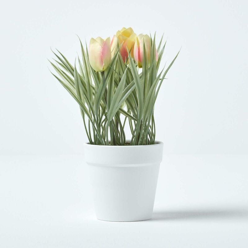Homescapes - Tulipes roses artificielles en pot blanc 22 cm - Rose