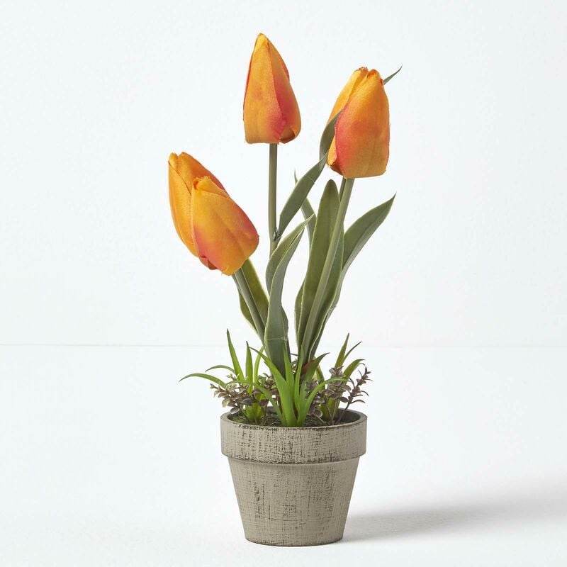 Homescapes - Tulipes artificielles oranges en pot en pâte à papier 27 cm - Orange