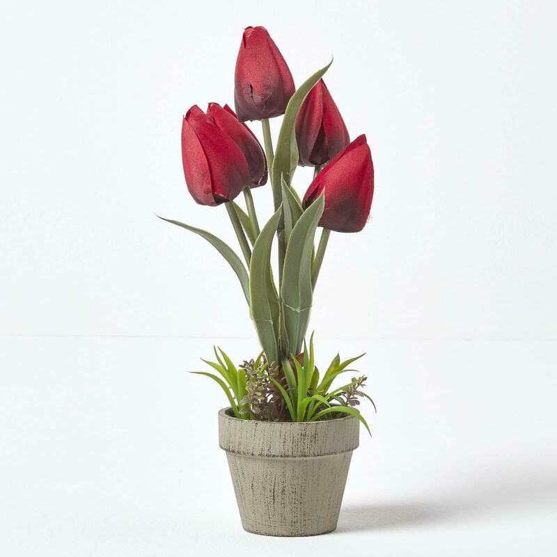 Homescapes - Tulipes artificielles rouges en pot en pâte à papier 27 cm - Rouge