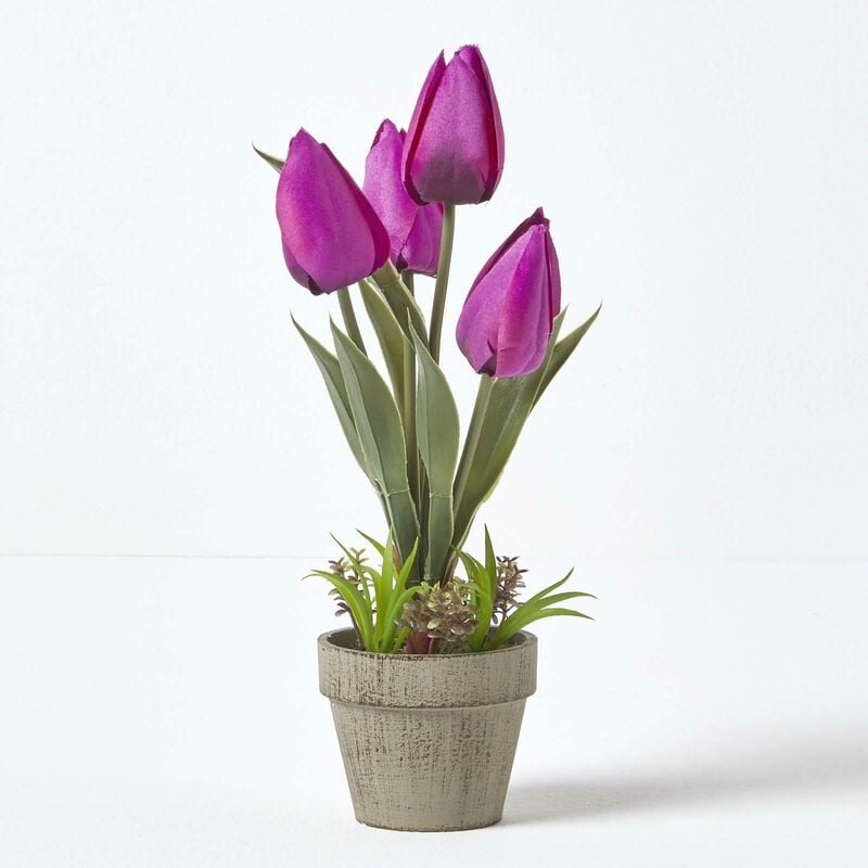 Homescapes - Tulipes artificielles violettes en pot en pâte à papier 27 cm - Violet