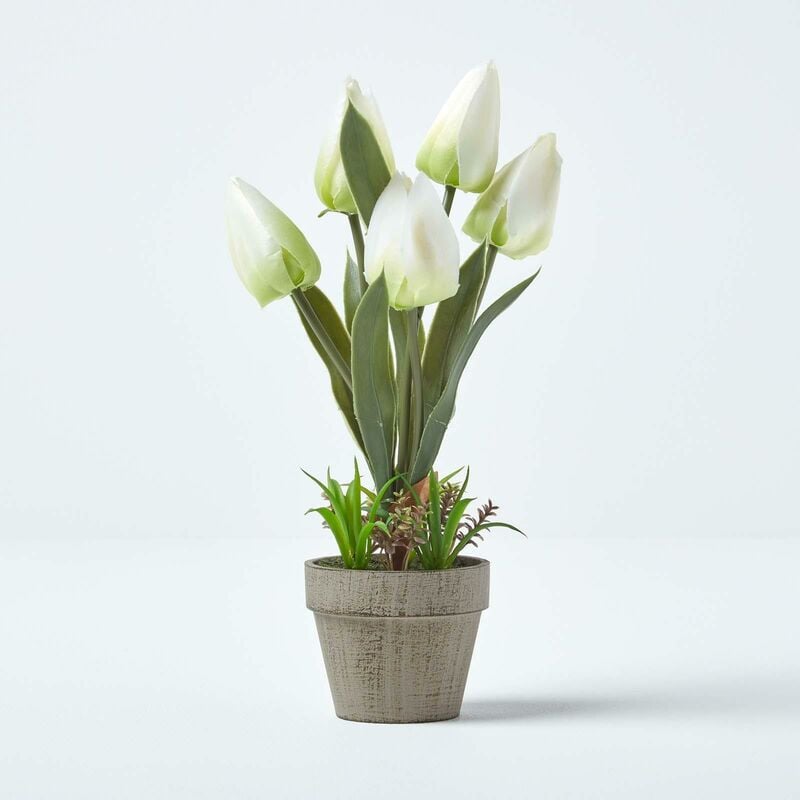 Homescapes - Tulipes artificielles blanches en pot en pâte à papier 27 cm - Blanc