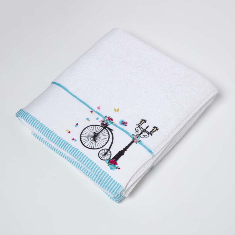 Turkish Cotton Embroidered Bicycle White Bath Sheet - White - Homescapes