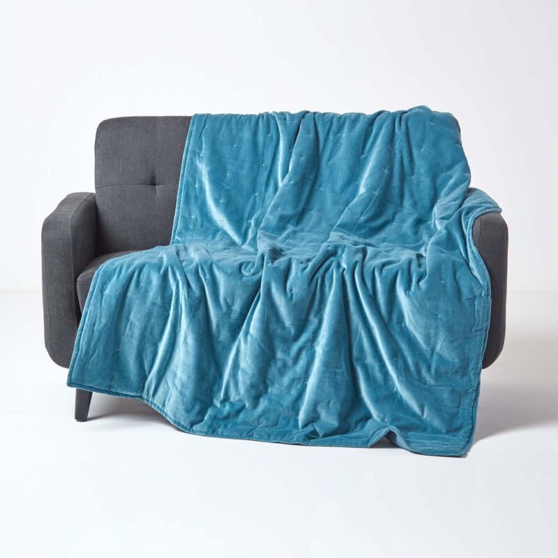 Homescapes - Wattierte Samtdecke Blau – Tagesdecke Baumwollsamt, 125x150 Cm