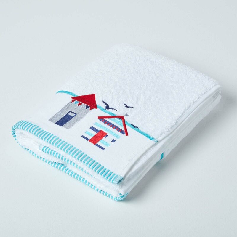 White and Blue Beach Bath Towel - White - Homescapes