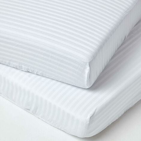 HOMESCAPES White Cotton Stripe Fitted Cot Sheets 330 Thread Count, 2 Pack - White