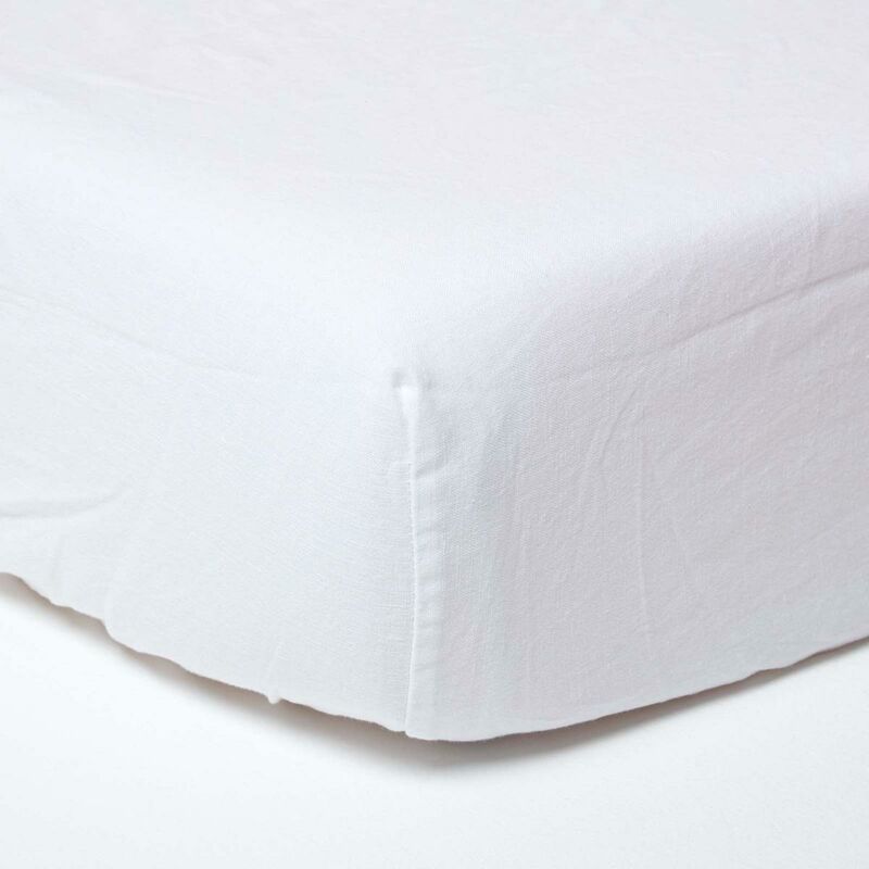 White Linen Deep Fitted Sheet, Double - White - White - Homescapes