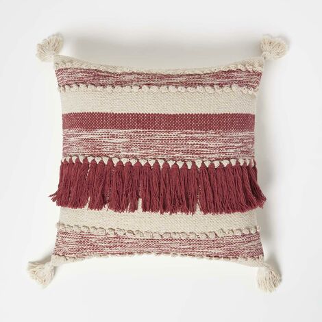 HOMESCAPES Zadar Handwoven Fringed Red Kilim Cushion 45 x 45 cm