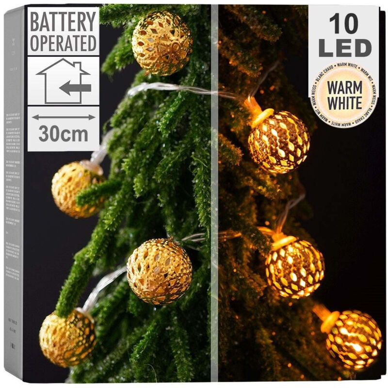 Edm - 10 Leds Mit Goldfarbenen Kugeln Mit Fester Batterie Girlande Licht White Warm 1, 3m