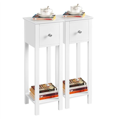 Homevive 2pcs Mesitas de Noche con Cajón y Estante 25x25x70cm Mesilla de Noche Alta de Madera Lacada Mesita Auxiliar Estrecha para Dormitorio Blanco Satinado
