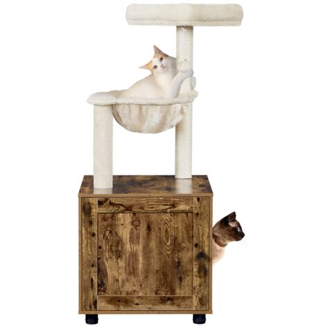 Homevive Árbol Rascador para Gatos con Mueble Casita de Arena 2 en 1 Altura 125 cm Marrón Rústico