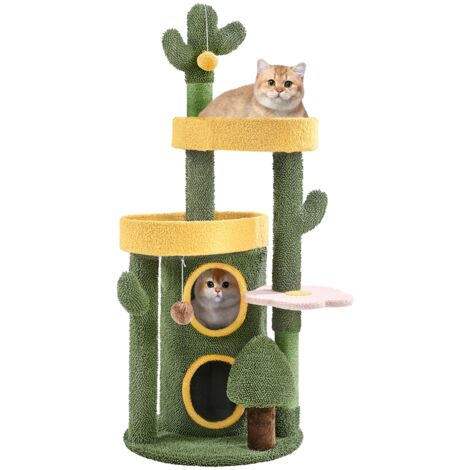Homevive Árbol Rascador para Gatos Medianos Diseño de Cactus de Oasis Torre para Gatos con Escondite Cilíndrico de 2 Niveles 123cm de Alto Verde y Amarillo