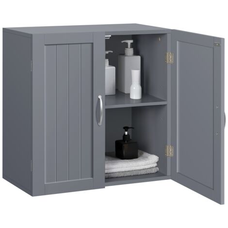 Homevive Armario de Baño Pared 59,5x31x59,5cm Mueble Baño Suspendido con Dos Puertas Armario Colgante para Cocina,Cuarto de Baño,Lavadero,Ajustable Bandeje y Antivuelco Gris