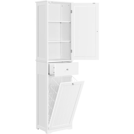 Homevive Armario de de Baño Alto Mueble Auxiliar de Baño 45x30x180 cm Armario Estrecho con 1 Armario Cerrado de 3 Estantes Ajustables 1 Cajón y 1 Cesta de Lavandería Blanco