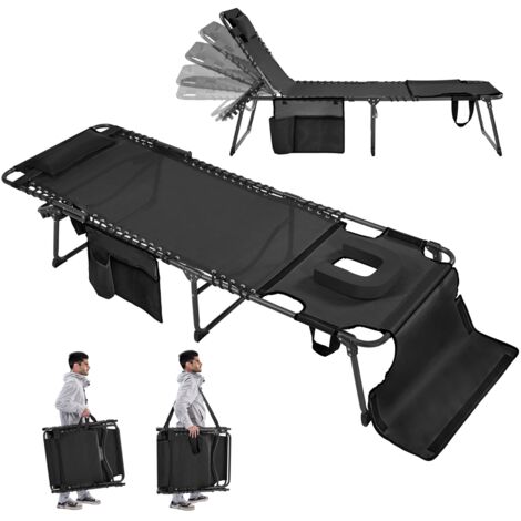 Homevive Cama de Camping Plegable con Colchón Extra Grueso y Almohada y Bolsillo Latera Respaldo Ajustable en 5 Posiciones hasta 136kg para Piscina Playa Patio Terraza, 189,5×67×35 cm, Negro
