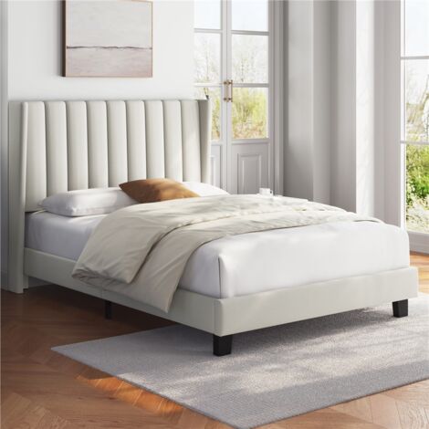 Homevive Cama tapizada 140 x 200 cm Cabecero a Rayas con Alas Láminas de Madera y Metal Cama Matrimonial Color Beige