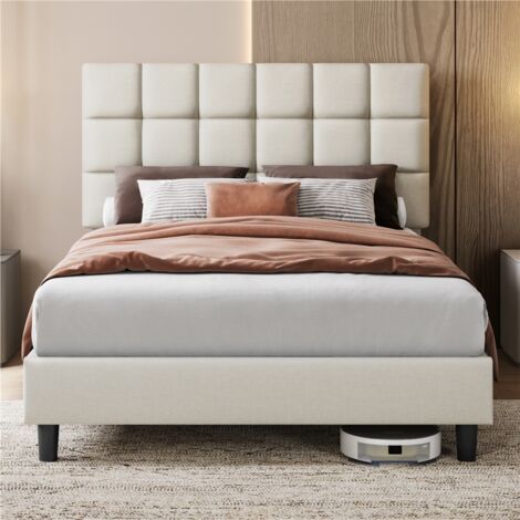 Homevive Cama Tapizada de 140 x 200 cm Cama de Matrimonio con Cabecero Regulable en Altura Marco de Cama Tapizado Estable con Listón de Madera, Color Beige