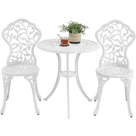 Homevive Conjunto de 1 Mesa y 2 Sillas Exterior de Jardín Muebles de Aluminio para Jardín Balcón Terraza Juego de Muebles de 3 Piezas Blanco